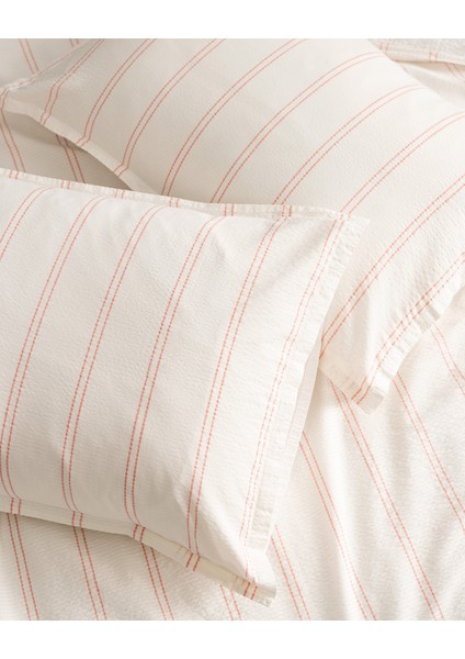 Linda Çizgili King Size %100 Pamuk Yıkamalı Gofre Nevresim Takımı - Beyaz/Mercan