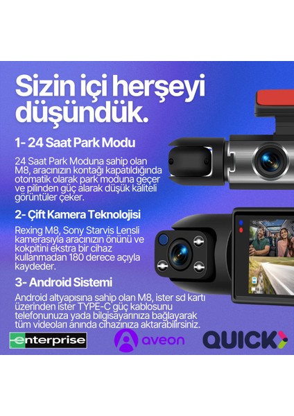 M8 | Mobil Uygulama, Park Modu, 3 Kamera, Araç Içi Kamera fiyatları