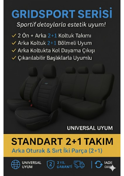 Fiat Fiorino 2007-2016 Hafi̇f Ti̇cari̇ – Ticari Araç 2+1 Uyumlu Vira GrindSport Koltuk Kılıfı – Siyah, Kolay Montaj modelleri