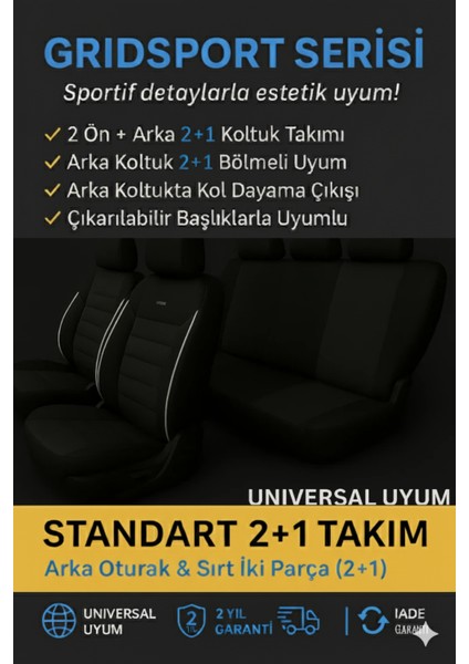 Opel Astra 2009-2015 Hatchback – Ticari Araç 2+1 Uyumlu Vira GrindSport Koltuk Kılıfı – Siyah Beyaz, Kolay Montaj modelleri