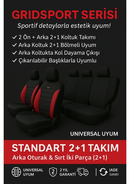 Suzuki Grand Vitara 2008-2015 – Ticari Araç 2+1 Uyumlu Vira GrindSport Koltuk Kılıfı – Siyah Kırmızı, Kolay Montaj