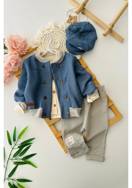 Wild One Erkek Bebek 3’lü Pamuklu Ceketli takım - Mavi