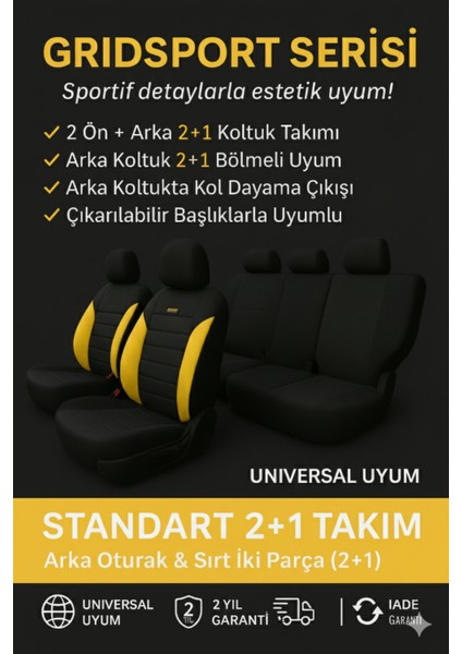 Hyundai Accent Era 2006-2012 Sedan – Ticari Araç 2+1 Uyumlu Vira GrindSport Koltuk Kılıfı – Siyah Sarı, Kolay Montaj modelleri