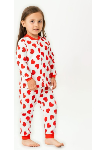 Kalp Baskılı Pamuklu Kız Çocuk Çıtçıtlı pijama takımı - Kırmızı