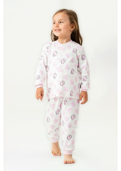 Kalp Baskılı Pamuklu Kız Çocuk Çıtçıtlı pijama takımı - Pembe