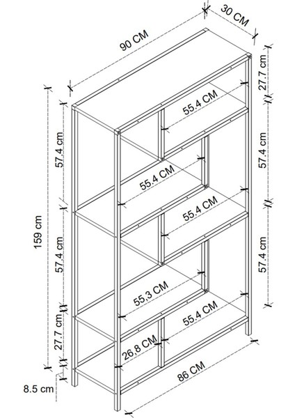 6 Raflı Kitaplık Dekoratif Kitaplık Metal Kitaplık Ofis Kitaplığı Larissa Antrasit