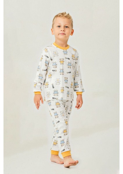 Ayıcık Baskılı Pamuklu Erkek Çocuk Bisiklet Yaka pijama takımı - Hardal