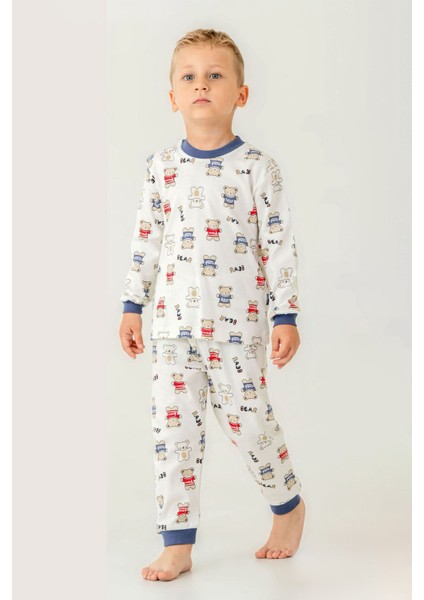 Ayıcık Baskılı Pamuklu Erkek Çocuk Bisiklet Yaka pijama takımı - Indigo