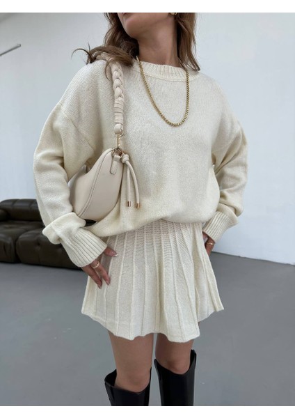 Triko Kumaş Pileli Etekli Hırka Takım