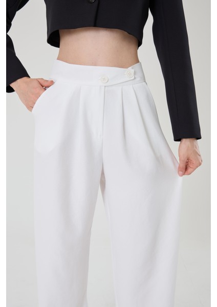 Kadın Beyaz Keten Karışımlı Kore Model Palazzo Pantolon