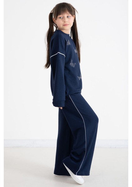 Lacivert Payetli Kelebek Işlemeli Geniş Paça Kız Çocuk Eşofman Takımı 22735