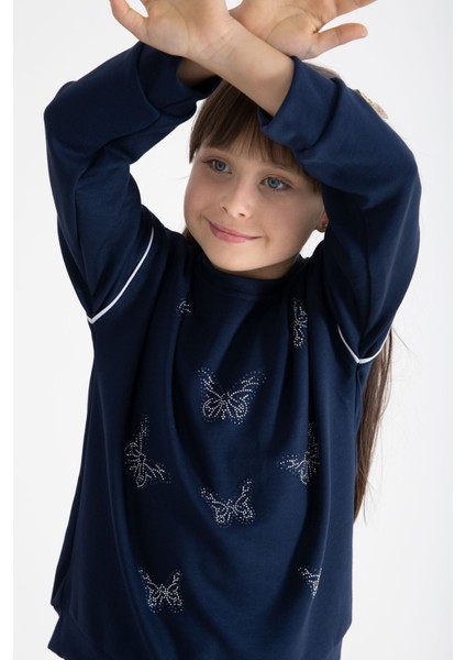Lacivert Payetli Kelebek Işlemeli Geniş Paça Kız Çocuk Eşofman Takımı 22735 fiyatları