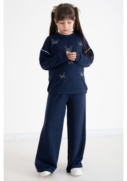 Lacivert Payetli Kelebek Işlemeli Geniş Paça Kız Çocuk Eşofman Takımı 22735 modelleri