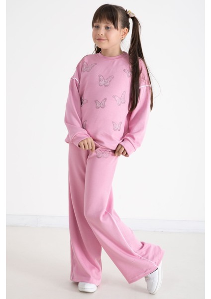 Pembe Payetli Kelebek Işlemeli Geniş Paça Kız Çocuk Eşofman Takımı 22734