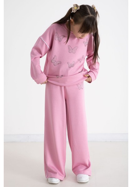 Pembe Payetli Kelebek Işlemeli Geniş Paça Kız Çocuk Eşofman Takımı 22734 modelleri