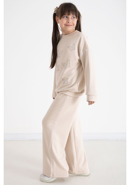 Bej Payetli Kelebek Işlemeli Geniş Paça Kız Çocuk Eşofman Takımı 22736