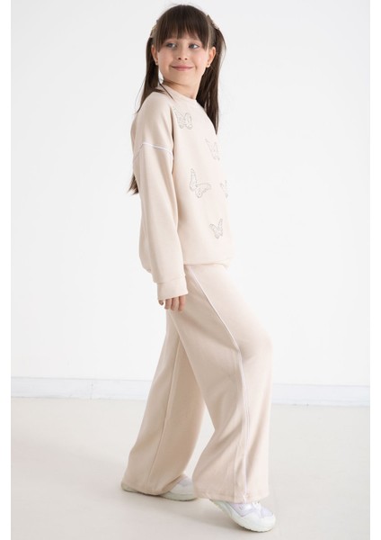 Bej Payetli Kelebek Işlemeli Geniş Paça Kız Çocuk Eşofman Takımı 22736 fiyatları