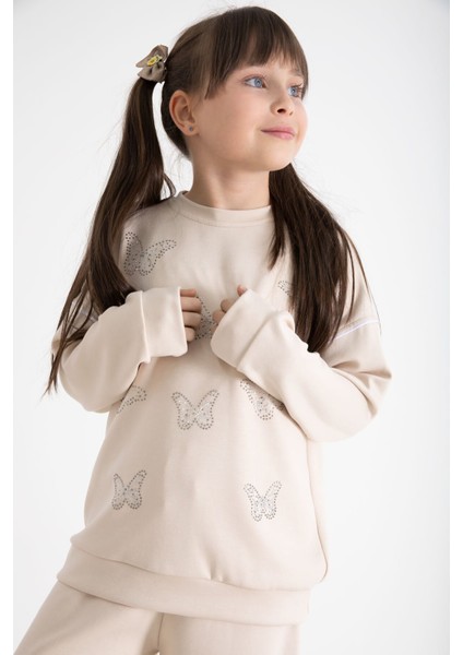 Bej Payetli Kelebek Işlemeli Geniş Paça Kız Çocuk Eşofman Takımı 22736 modelleri