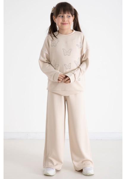 Bej Payetli Kelebek Işlemeli Geniş Paça Kız Çocuk Eşofman Takımı 22736 fırsatları