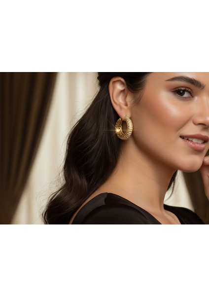 Jewella Altın Halka Ihtişamı-Zehra'nın Işıltısı Çelik Küpe