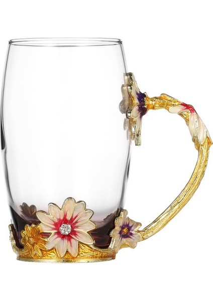 Kahve Krizantem Emaye El Sanatları Su Bardağı Içecek Kulplu Kupa Tasarım Çay Kaşıklı Kahve Fincanı Temizleme Bezi Seti 350ML (Yurt Dışından)