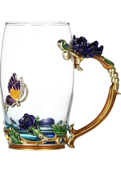 Kahve Krizantem Emaye El Sanatları Su Bardağı Içecek Kulplu Kupa Tasarım Çay Kaşıklı Kahve Fincanı Temizleme Bezi Seti 350ML (Yurt Dışından)