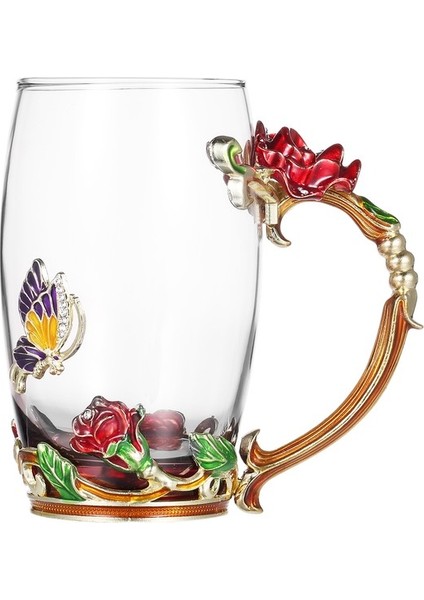Kahve Krizantem Emaye El Sanatları Su Bardağı Içecek Kulplu Kupa Tasarım Çay Kaşıklı Kahve Fincanı Temizleme Bezi Seti 350ML (Yurt Dışından)