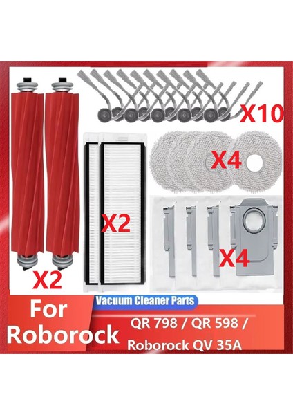 Roborock Qr 798 / Qr 598 / Roborock Qv 35A Vakum Parçaları ile Uyumlu Ana Silindir Yan Fırça Hepa Filtre Paspas Bezi (Yurt Dışından)