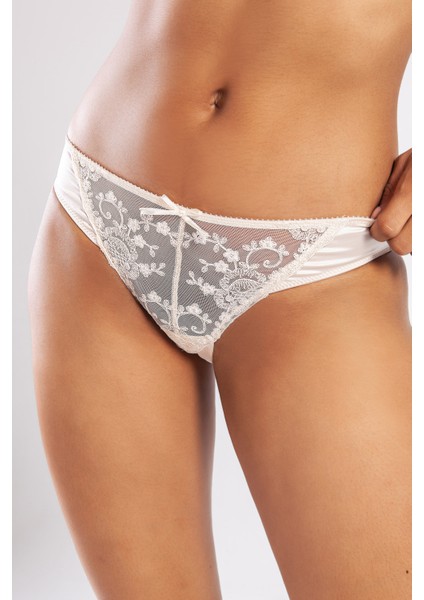 Golshan Giselle Mini Slip, Kadın Güpürlü Saten Ekru Külot modelleri