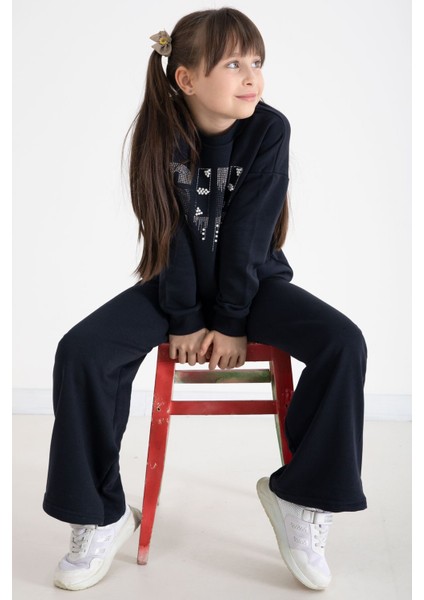 Lacivert Payetli Girl Yazılı Kız Çocuk Geniş Paça Eşofman Takımı 22729