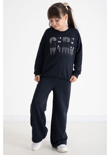 Lacivert Payetli Girl Yazılı Kız Çocuk Geniş Paça Eşofman Takımı 22729 modelleri