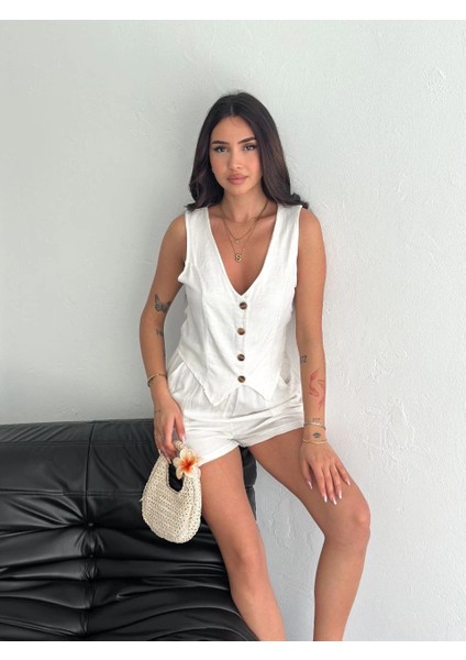 Kadın Keten Şort Yelek Takım S3461 indirimleri