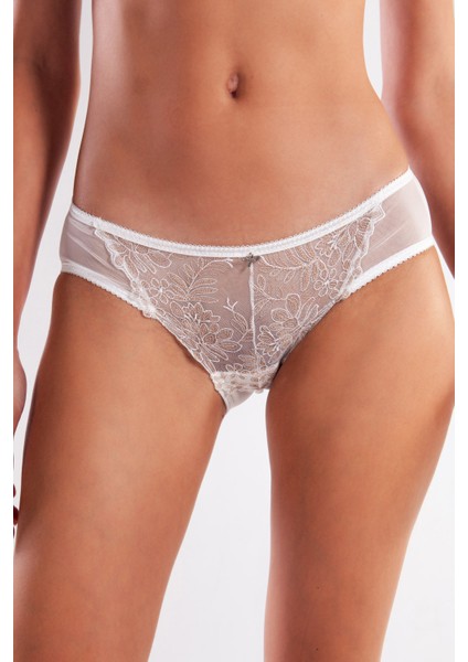 Golshan Gaspara Mini Slip, Kadın Güpürlü Tüllü Ekru Normal Kesim Külot