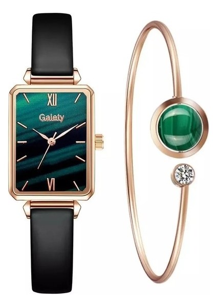 Kadın Saati Marka Kadın Saatler Moda Kare Bayanlar Quartz Saat Bilezik Seti Yeşil Kadran Casıo Basit Gül Altın Örgü Lüks Kadın Saatler (Yurt Dışından)