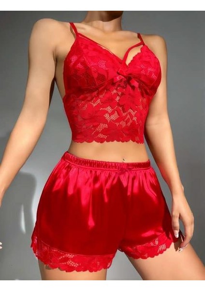 Kırmızı Dantelli Büstiyer Ince Askılı Saten Şortlu Takım fiyatları