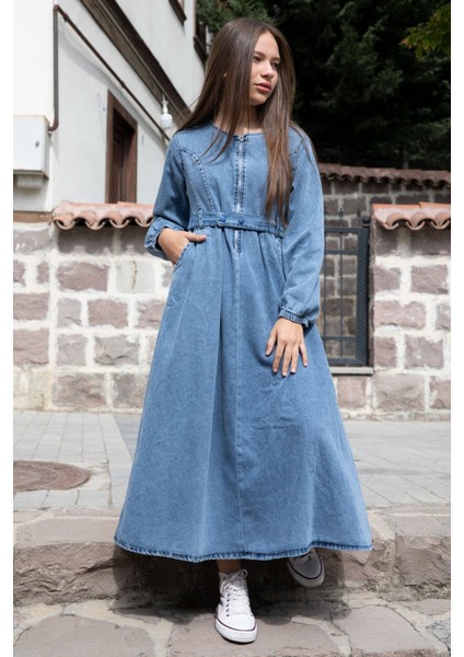 Mavi Uzun Kollu Önü Fermuarlı Kız Çocuk Kuşaklı Jean Elbise 22741