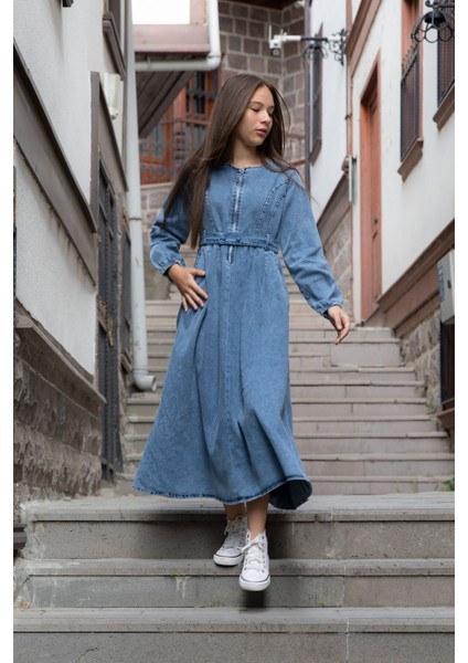 Mavi Uzun Kollu Önü Fermuarlı Kız Çocuk Kuşaklı Jean Elbise 22741 fiyatları
