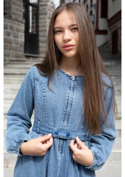 Mavi Uzun Kollu Önü Fermuarlı Kız Çocuk Kuşaklı Jean Elbise 22741 modelleri