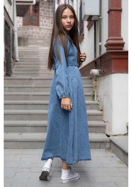 Mavi Uzun Kollu Önü Fermuarlı Kız Çocuk Kuşaklı Jean Elbise 22741 fırsatları