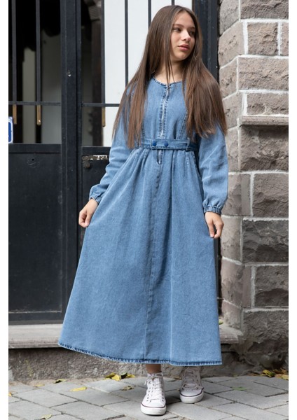 Mavi Uzun Kollu Önü Fermuarlı Kız Çocuk Kuşaklı Jean Elbise 22741 indirimleri