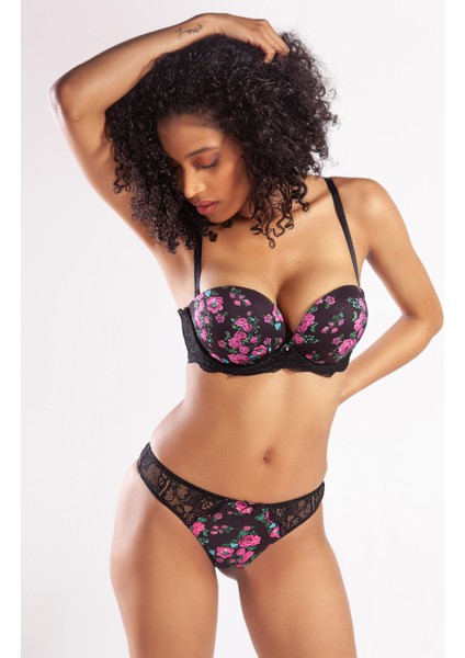 Golshan Gardenia Mini Slip, Kadın Dantelli Çiçek Baskılı Siyah Normal Bel Külot