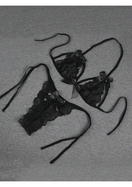 Tegan Büyük Beden Fantezi Seksi Siyah Fiyonk Süslemeli Dantelli Sütyen String Takımı TG279707-B modelleri