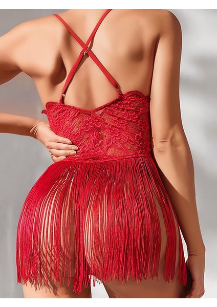 Kırmızı Püsküllü Dantel Detaylı Fantezi Gecelik fiyatları