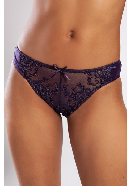 Golshan Giselle Mini Slip, Kadın Güpürlü Saten Mor Külot