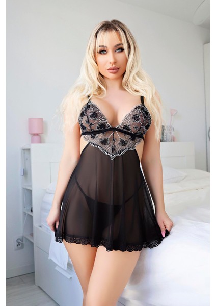 Siyah Dantel Işlemeli Fantezi Gecelik