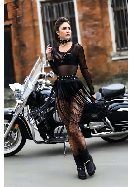 Uzun Deri Püsküllü Etek - BRF411