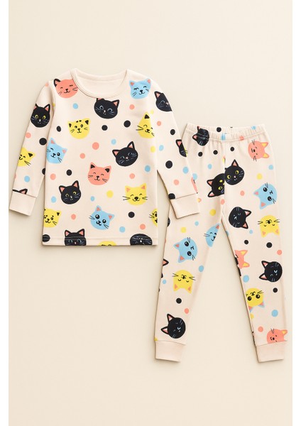 Kız Çocuk Kedi Desenli Pijama Takımı Açık Pembe
