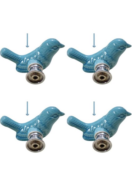 4'lü Paket Yeşil Sevimli Kuş Tasarımlı Dolap Kapı Kolları Mavi (Yurt Dışından)