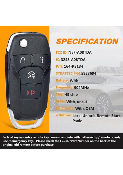 Araba Flip Uzaktan Anahtar 4 Akıllı Anahtar 902MHZ N5F-A08TDA 49 Ford F150 F250 F350 F450 F550 Raptor Ranger Fustıon (Yurt Dışından) fırsatları