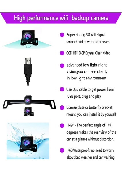 HD1080P Kablosuz Ters Kamera, Arabalar Için Suv Pikapları ve Sedanlar, Arka Görünüm ve Gece Görüşü 2&#39;si 1 Arada Kamera (Yurt Dışından) fiyatları